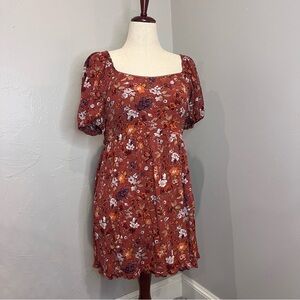 Live to be Spoiled XL Rust Orange Floral Puff Sleeve Dress Empire Waist Lined